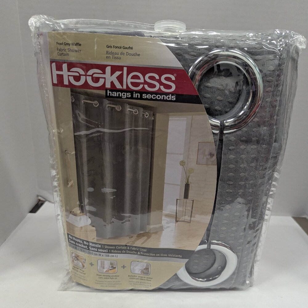 Hookless It's A Snap! Grey Shower Curtain 3-in-1 Liner & Rings 71"x74"